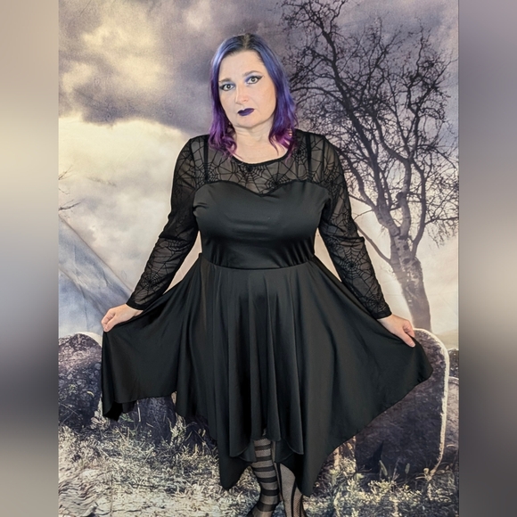 Curve Soul Dresses & Skirts - Gothic pixie hem dress with spider web mesh sleeves and neckline size 1XL